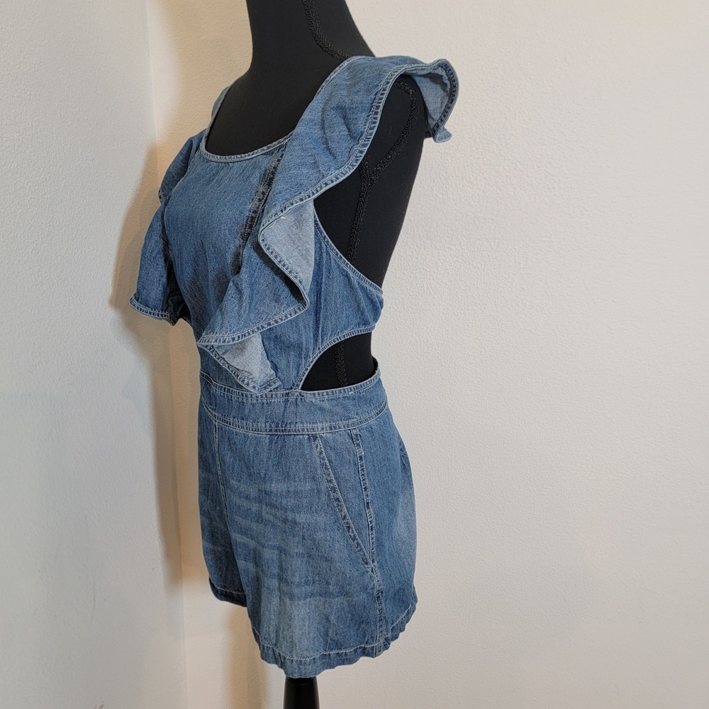 Blue Denim Ruffle Lace Up Back Cut Out Romper Small Wash Boho Festival - Picture 4 of 15